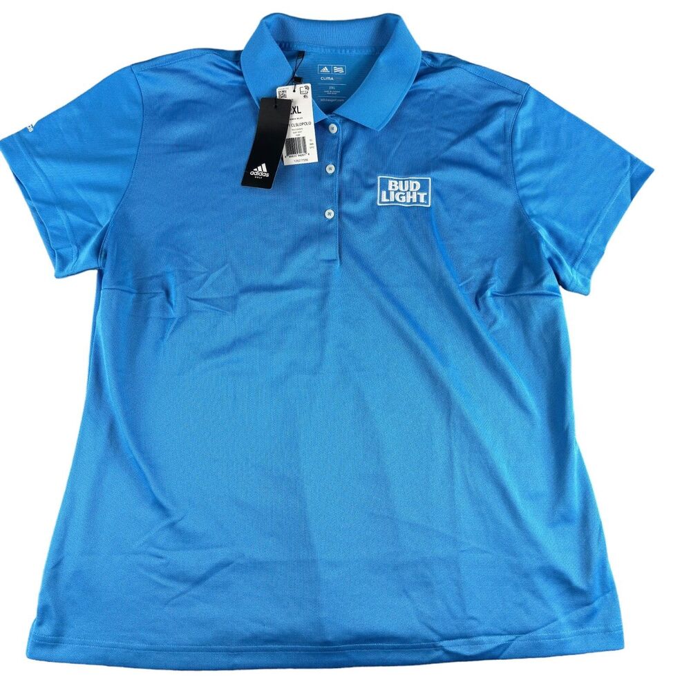 Bud Light Polo Shirt Womens 2XL Blue ADIDAS Climalite Short Sleeve Beer Golf NWT